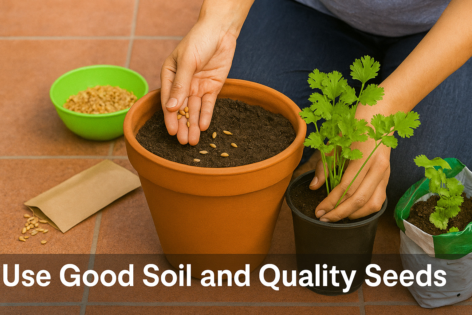 A gardener planting coriander seeds in rich potting soil on a balcony, emphasizing the importance of using high-quality soil and seeds for successful vegetable gardening.